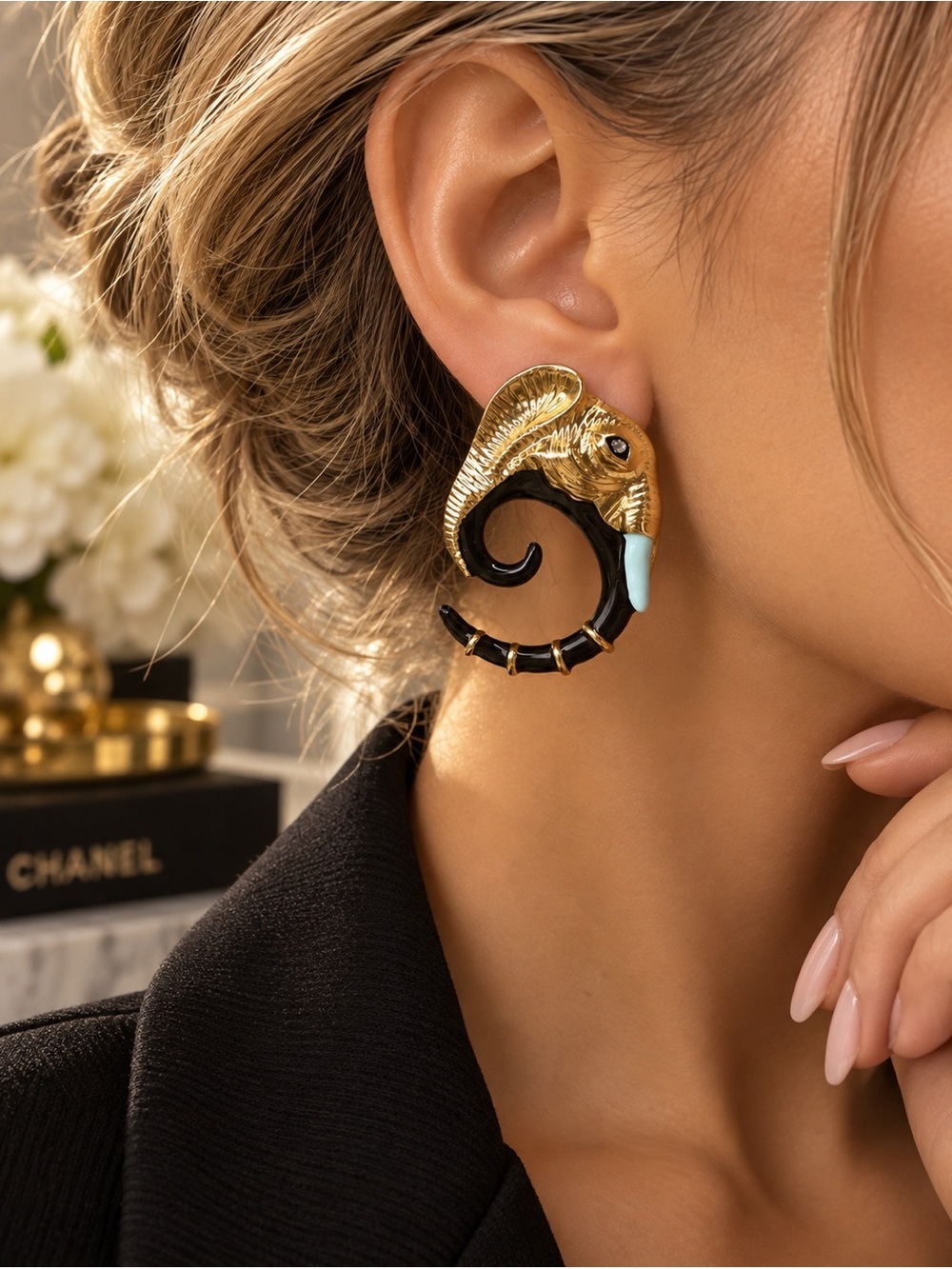 Gold Elephant Hoop Earrings with Black and Turquoise Accent